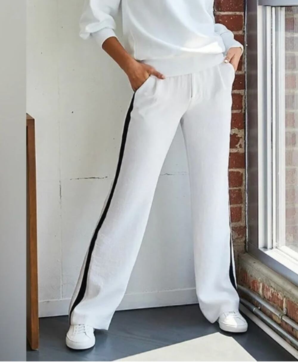 Brochu Walker Joey Side Stripe Wide Leg Crepe Pants Cream Ivory White Small